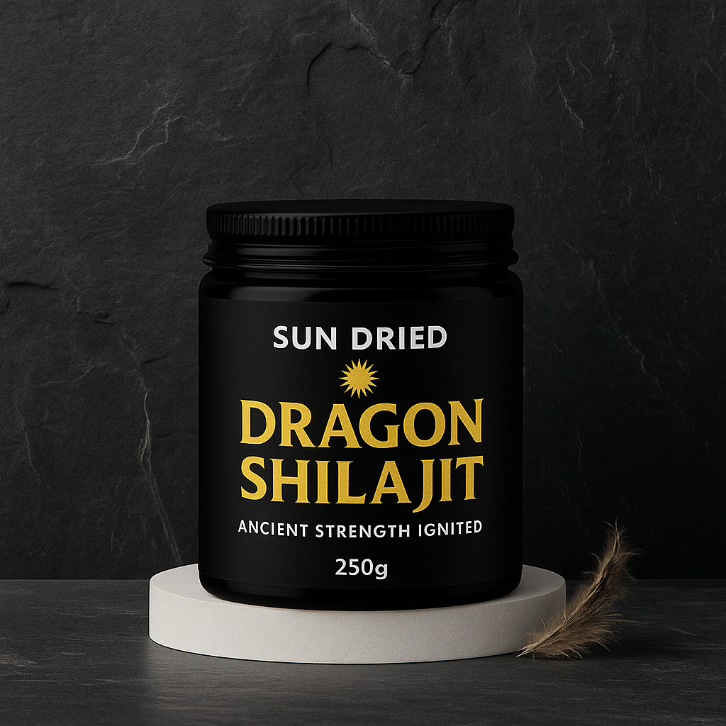 250g Dragon Shilajit jar with 500 servings of high-potency Himalayan resin, ethically sourced, sun-dried, blended with moringa and triphala, UV-treated, Eurofins USA tested, rich in fulvic acid and 85+ minerals for energy, stamina, testosterone, and immune support.